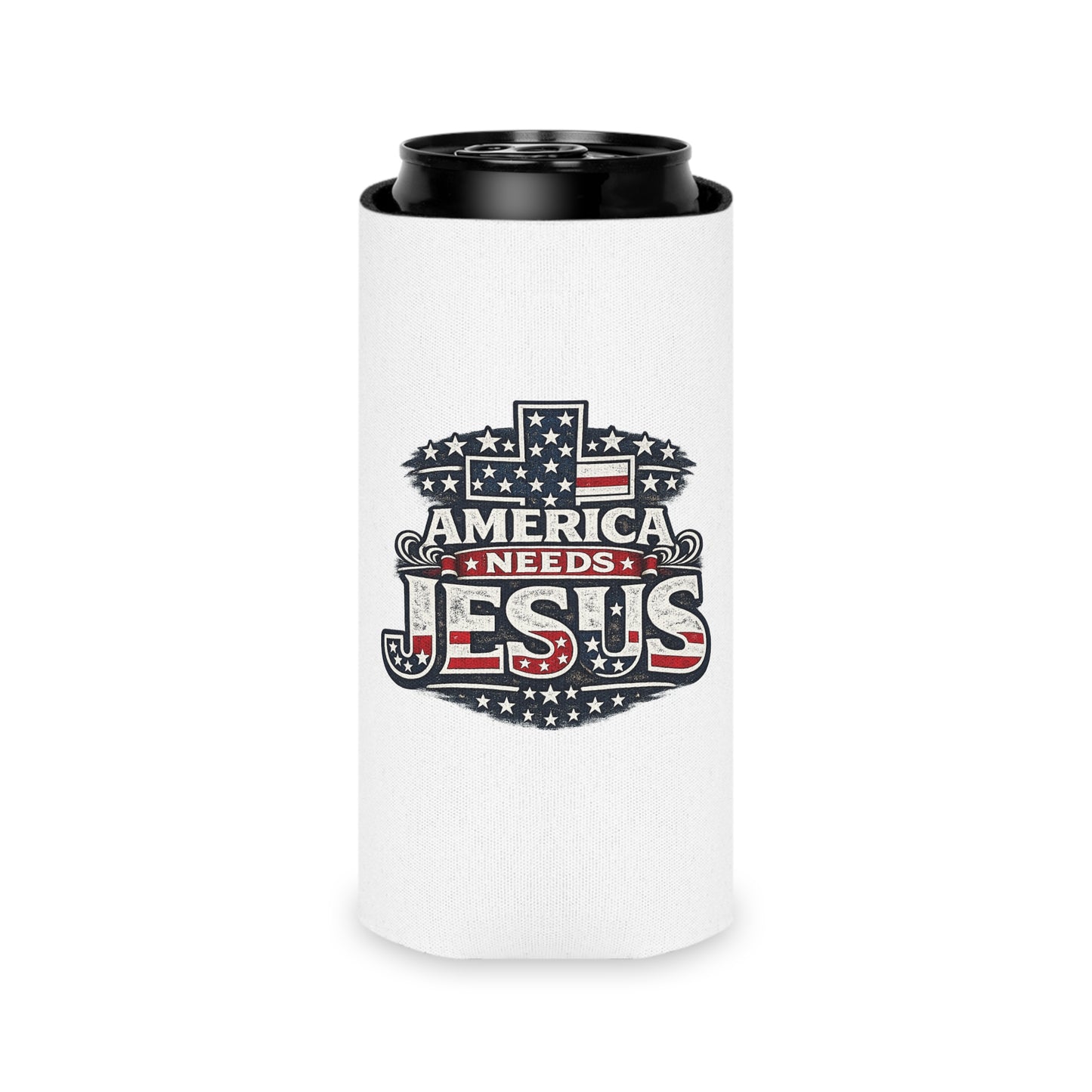 Can Cooler - "America Needs Jesus" Patriotic Cross Beverage Koozie