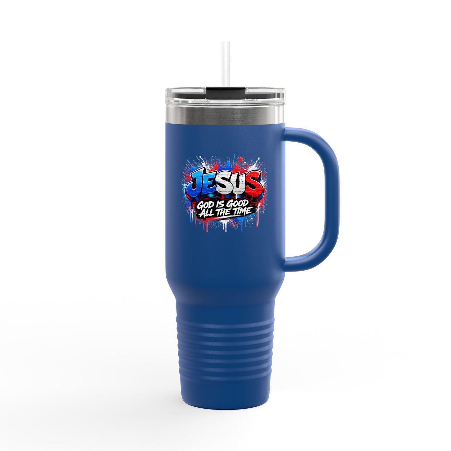 40oz Insulated Travel Mug — 'Jesus God Is Good All The Time' Colorful Faith Tumbler