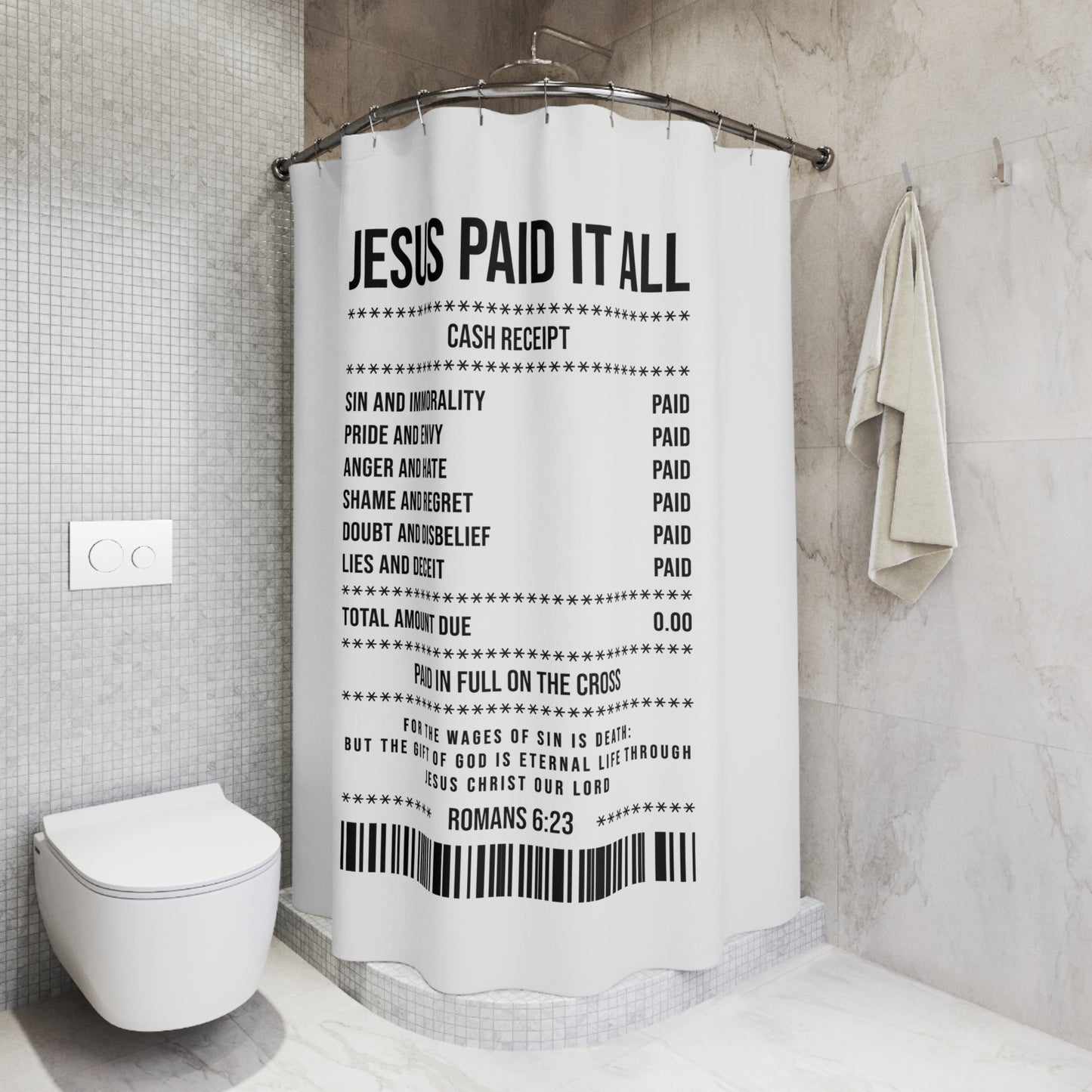 Jesus Paid It All Shower Curtain – Christian Receipt Design (Romans 6:23)