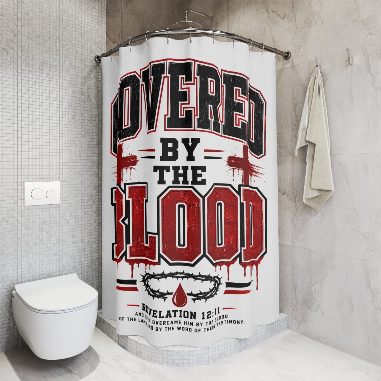 Shower Curtain - "Covered by the Blood" Christian Bathroom Decor (Revelation 12:11)