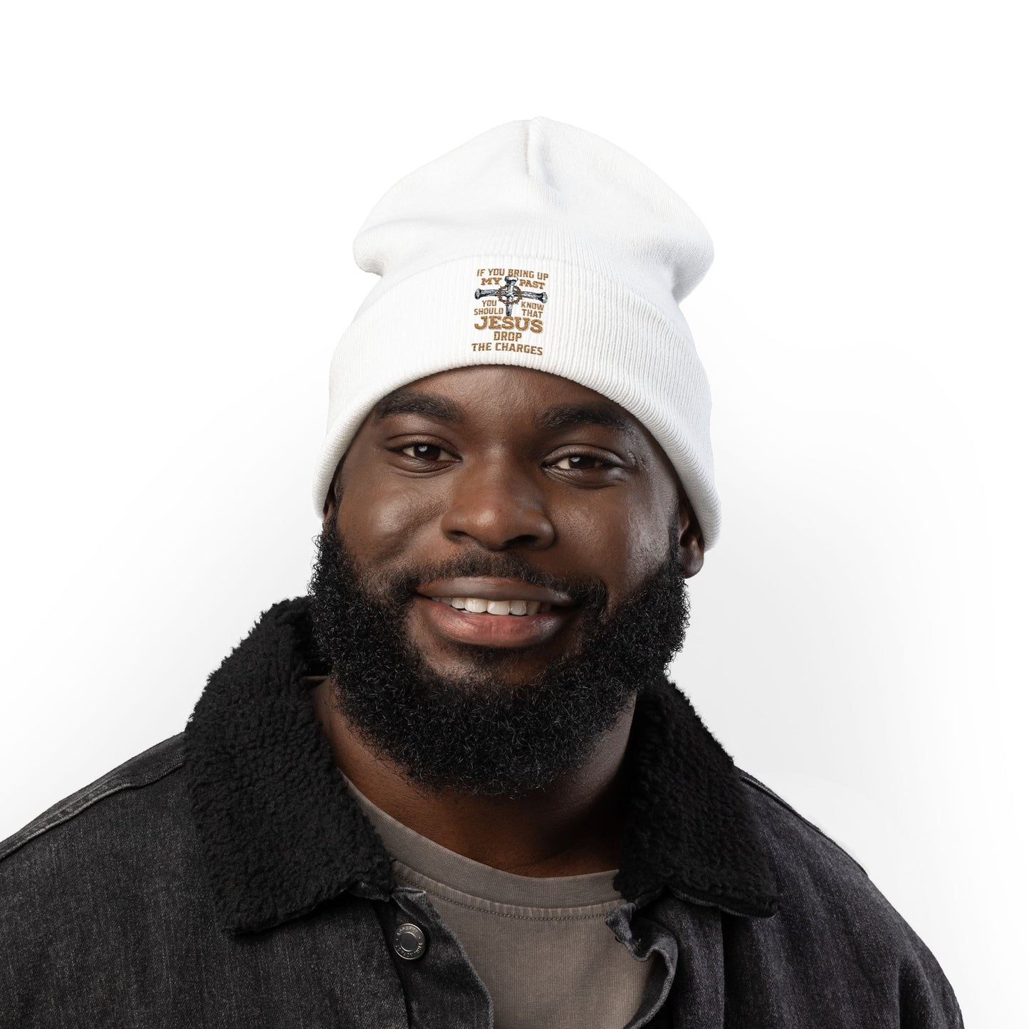 Embroidered Christian Cross Beanie — "Jesus Drop The Charges" Knit Hat