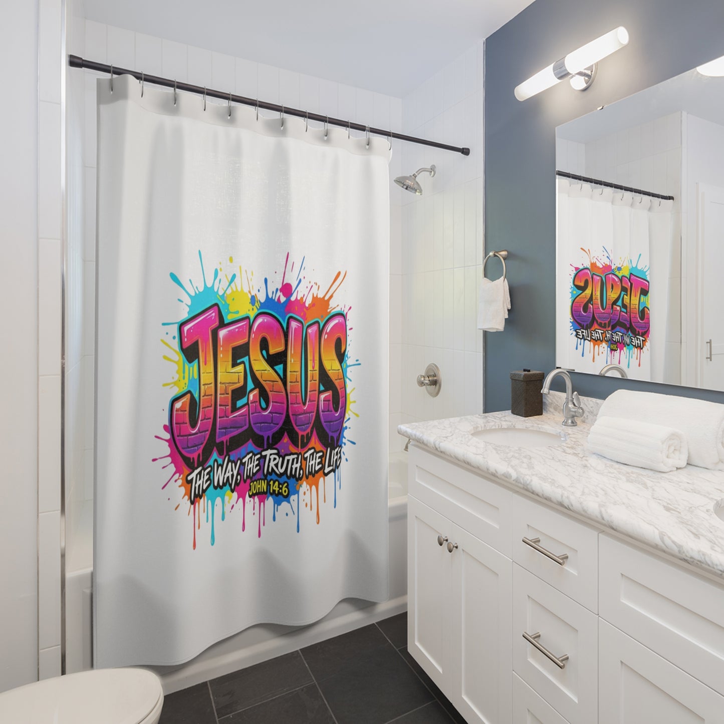 Jesus Graffiti Shower Curtain — 'The Way, The Truth, The Life' Colorful Christian Bathroom Decor