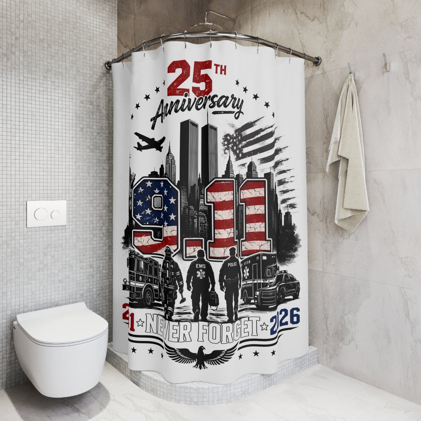 9/11 25th Anniversary Memorial Shower Curtain — Never Forget 2001–2026