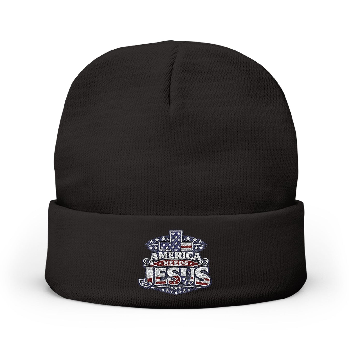 Embroidered "America Loves Jesus" Knit Beanie — Patriotic Christian Winter Hat