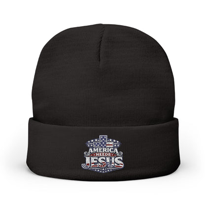 Embroidered "America Loves Jesus" Knit Beanie — Patriotic Christian Winter Hat