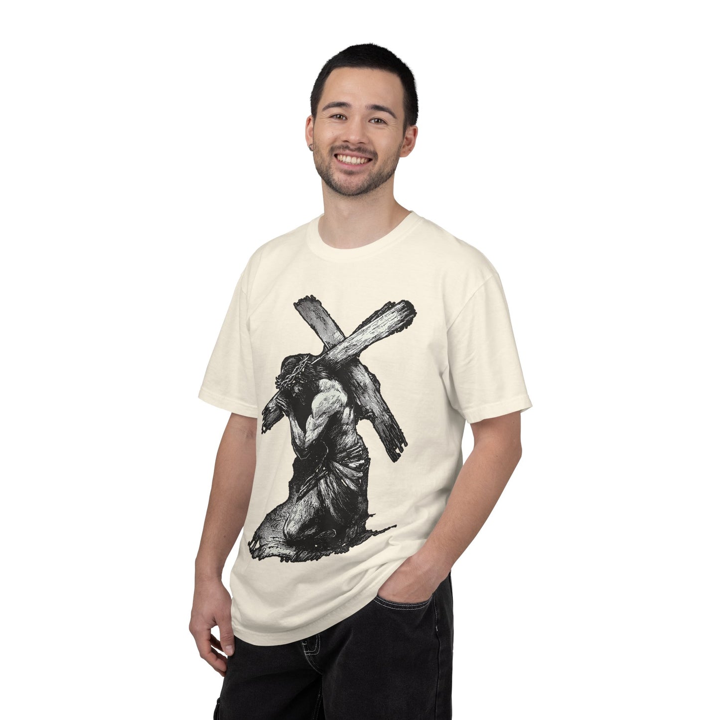 T‑Shirt — Christ Carrying Cross Black Illustration Graphic Tee