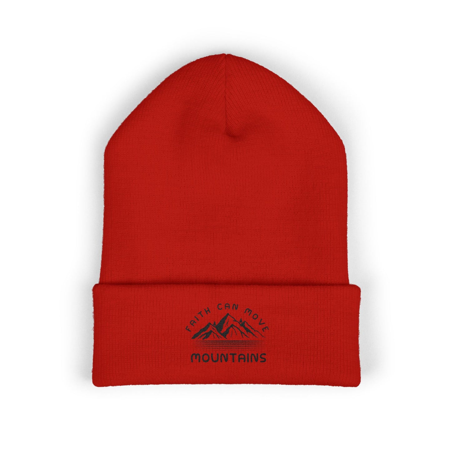Embroidered Mountain Beanie — "Faith Can Move Mountains" Cuffed Knit Hat