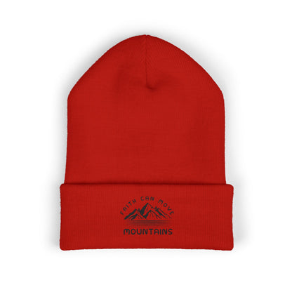 Embroidered Mountain Beanie — "Faith Can Move Mountains" Cuffed Knit Hat