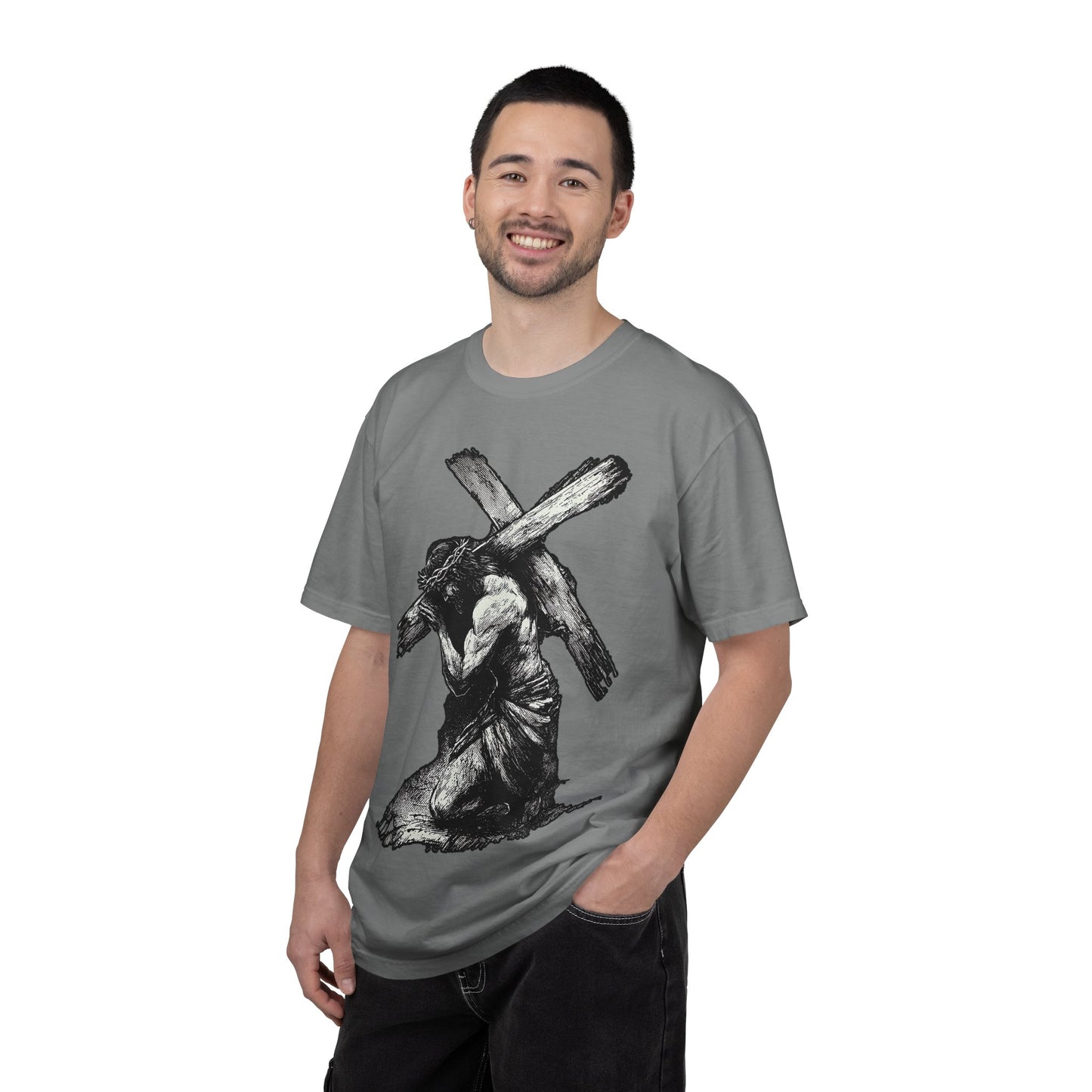 T‑Shirt — Christ Carrying Cross Black Illustration Graphic Tee