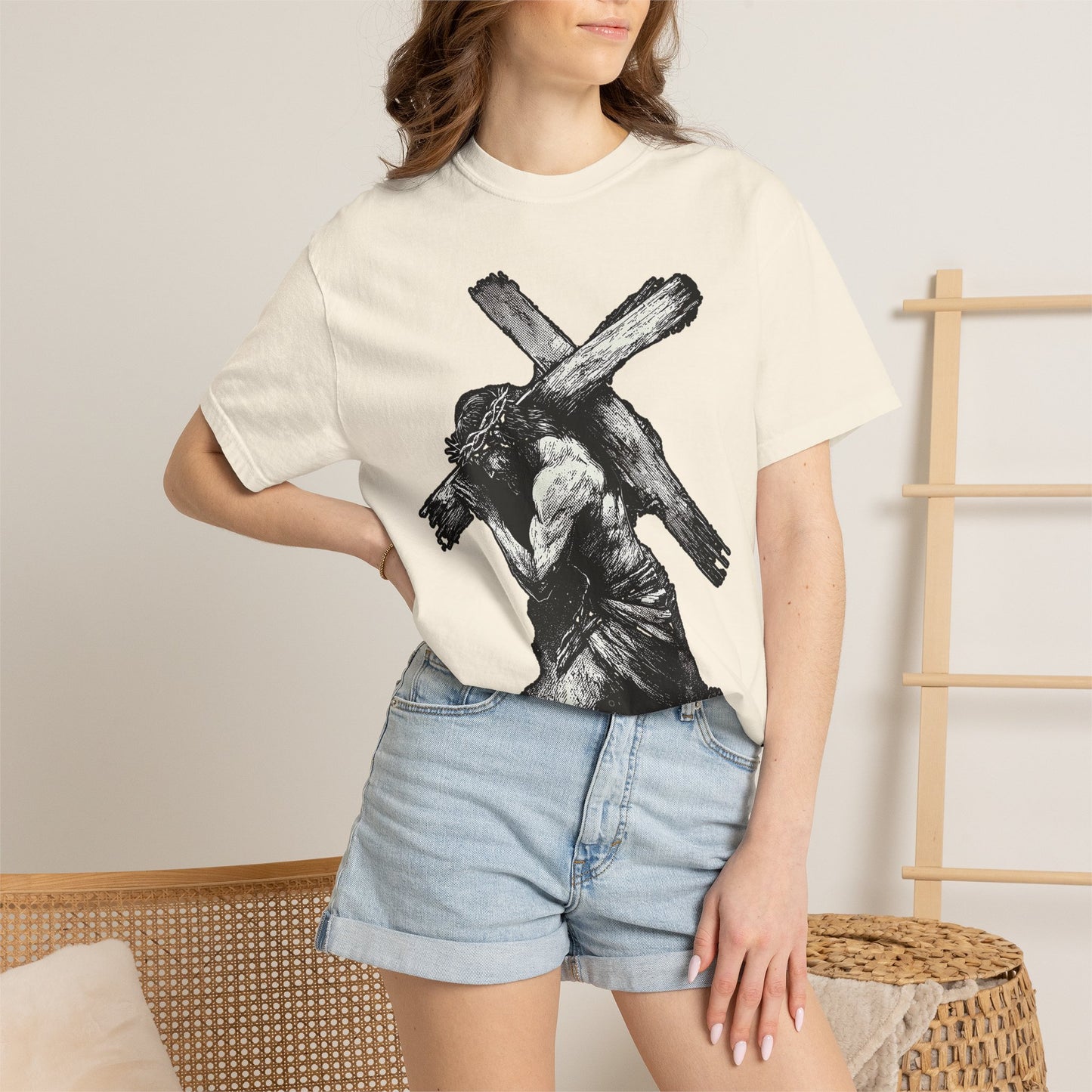 T‑Shirt — Christ Carrying Cross Black Illustration Graphic Tee