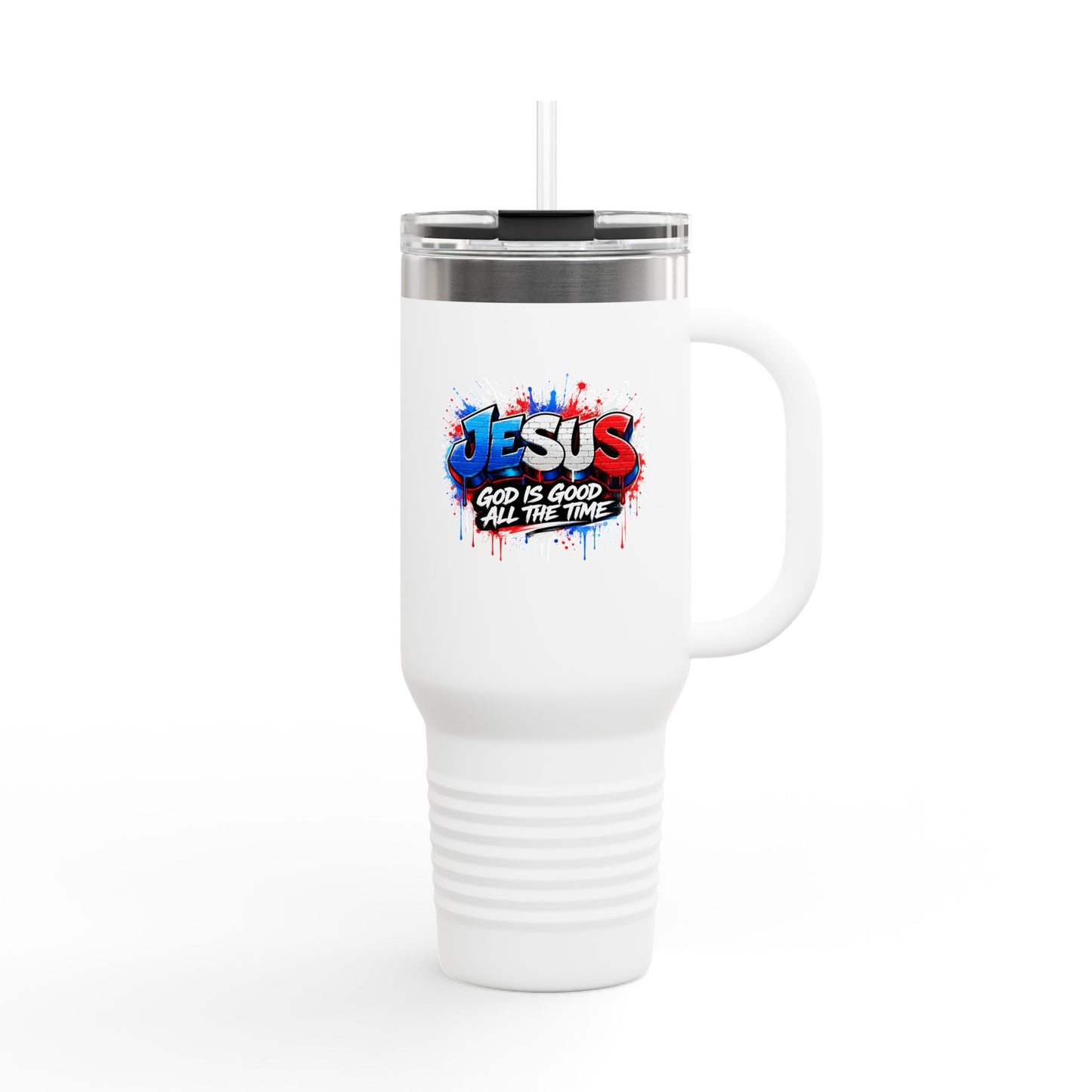 40oz Insulated Travel Mug — 'Jesus God Is Good All The Time' Colorful Faith Tumbler