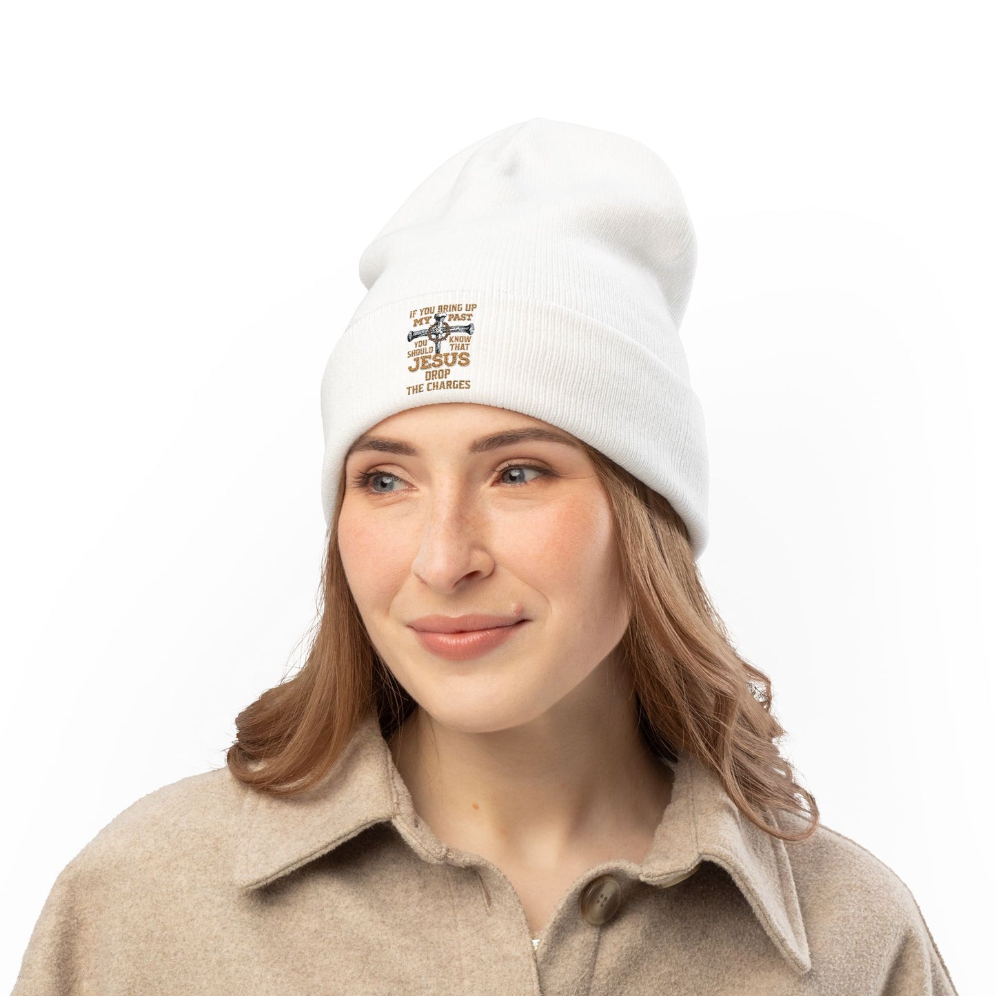 Embroidered Christian Cross Beanie — "Jesus Drop The Charges" Knit Hat
