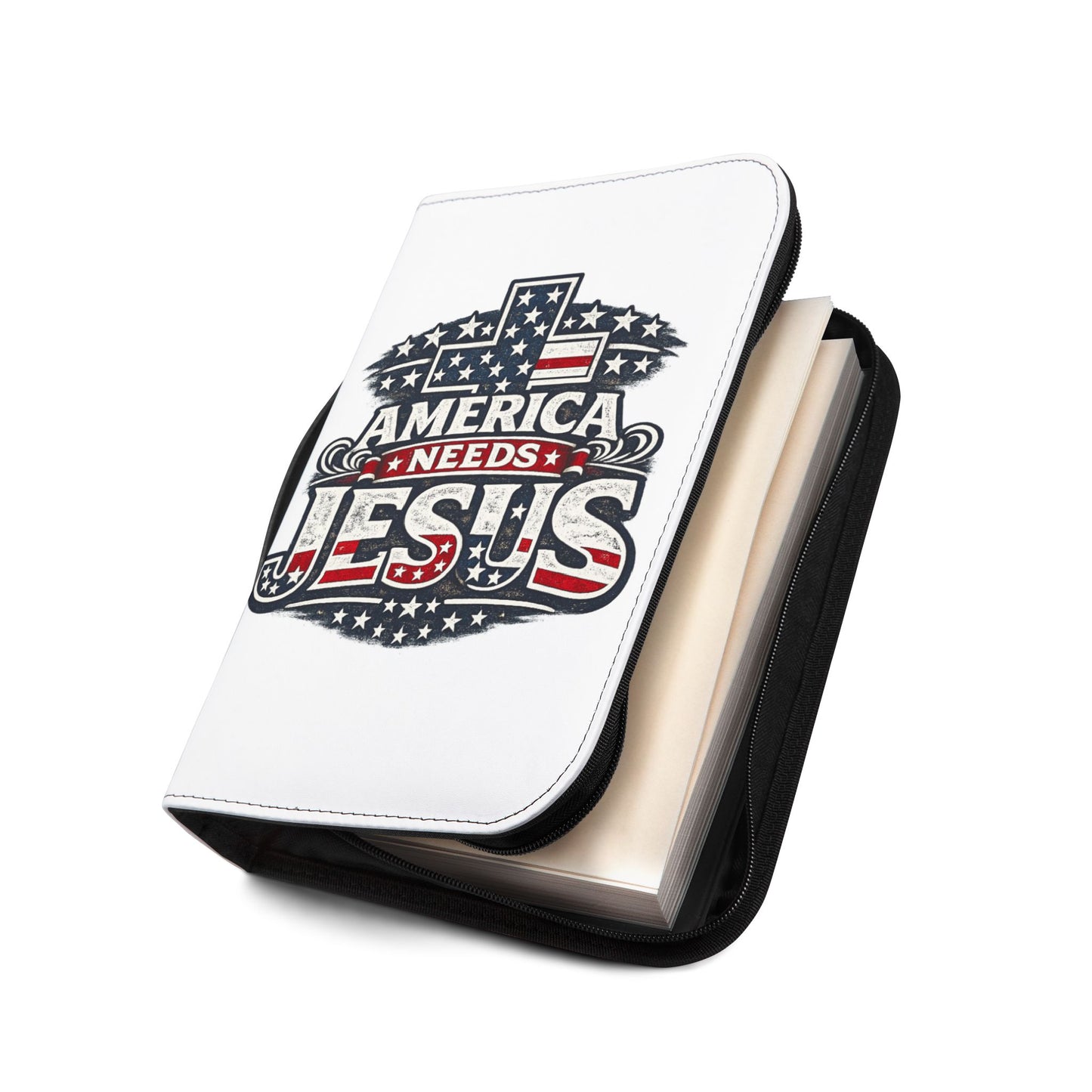 Bible Cover — “America Needs Jesus” Patriotic Cross Zippered Bible Case
