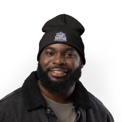 Embroidered "America Loves Jesus" Knit Beanie — Patriotic Christian Winter Hat