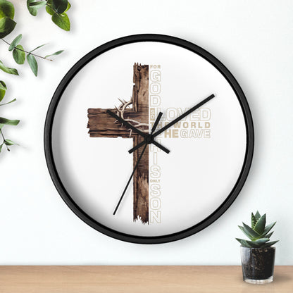Wooden Cross Wall Clock — "For God So Loved the World He Gave His Son" Christian Home Decor