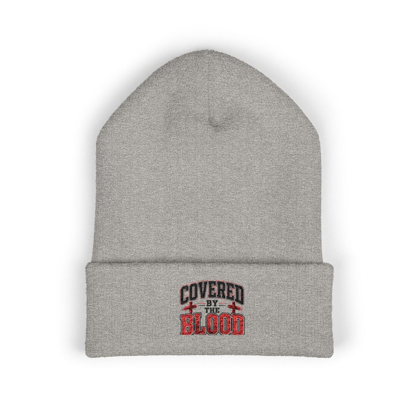 Embroidered 'Covered by the Blood' Cuffed Beanie — Christian Faith Knit Hat