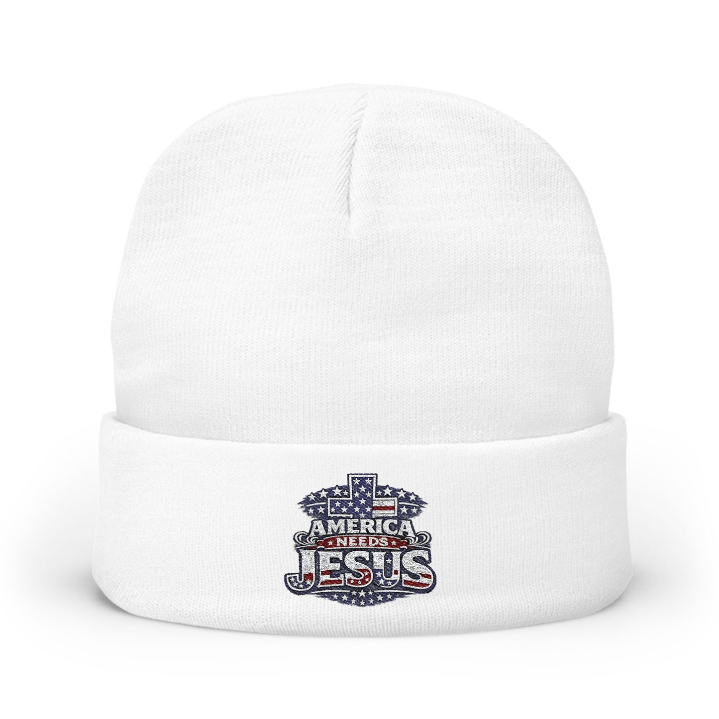 Embroidered "America Loves Jesus" Knit Beanie — Patriotic Christian Winter Hat