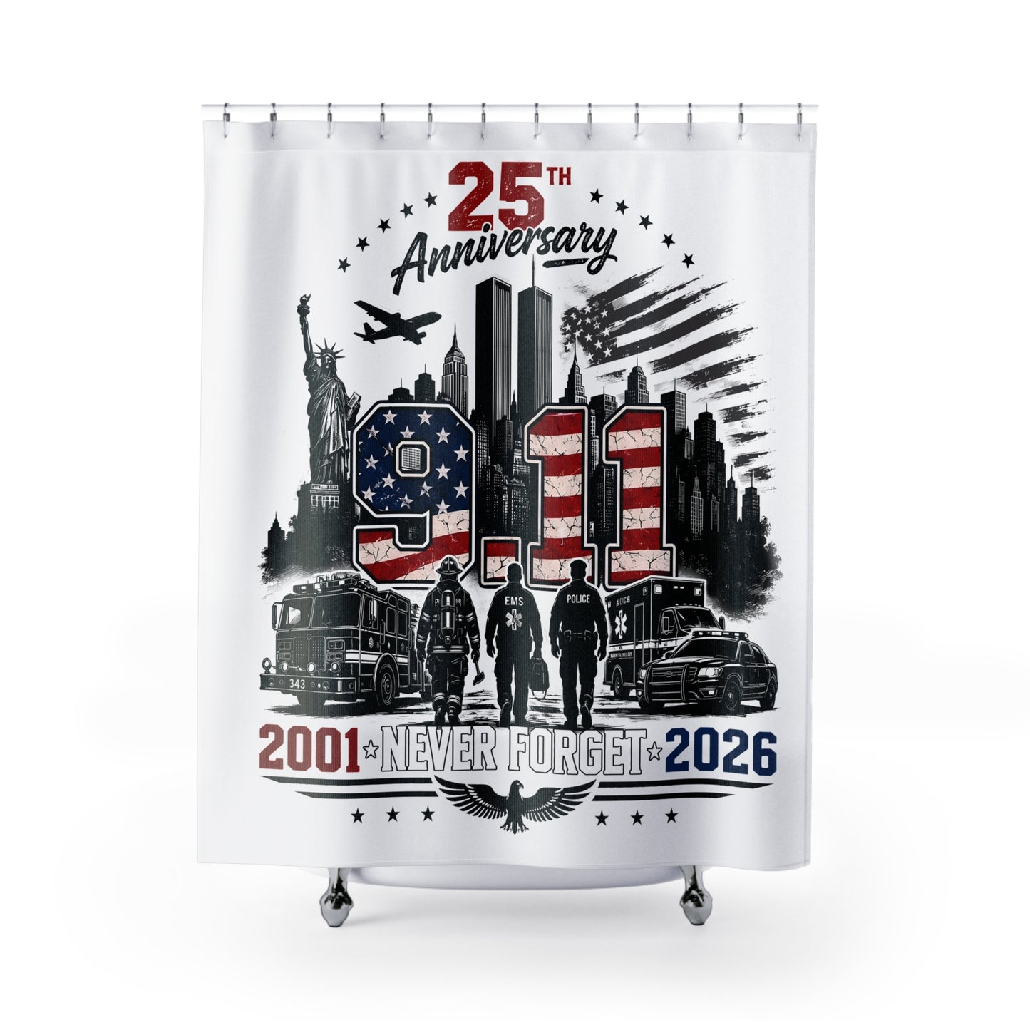 9/11 25th Anniversary Memorial Shower Curtain — Never Forget 2001–2026