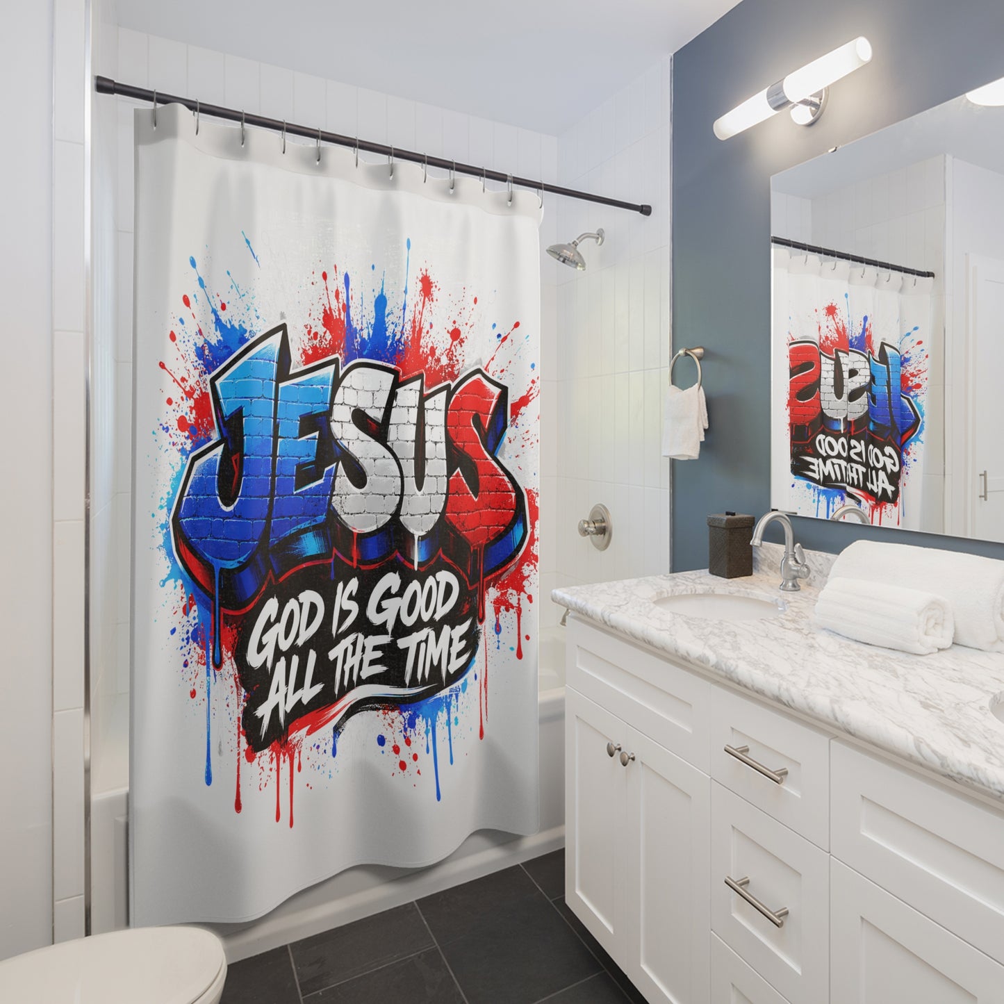 Shower Curtain — Jesus Graffiti 'God Is Good All The Time' Religious Bathroom Decor