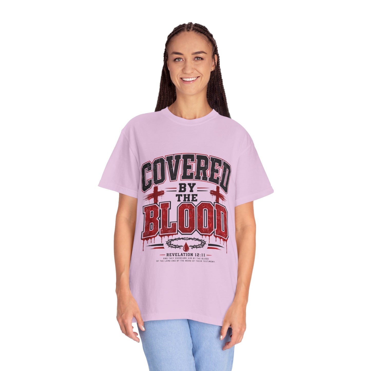 Covered by the Blood T-Shirt — Christian Faith Graphic Tee (Revelation 12:11)