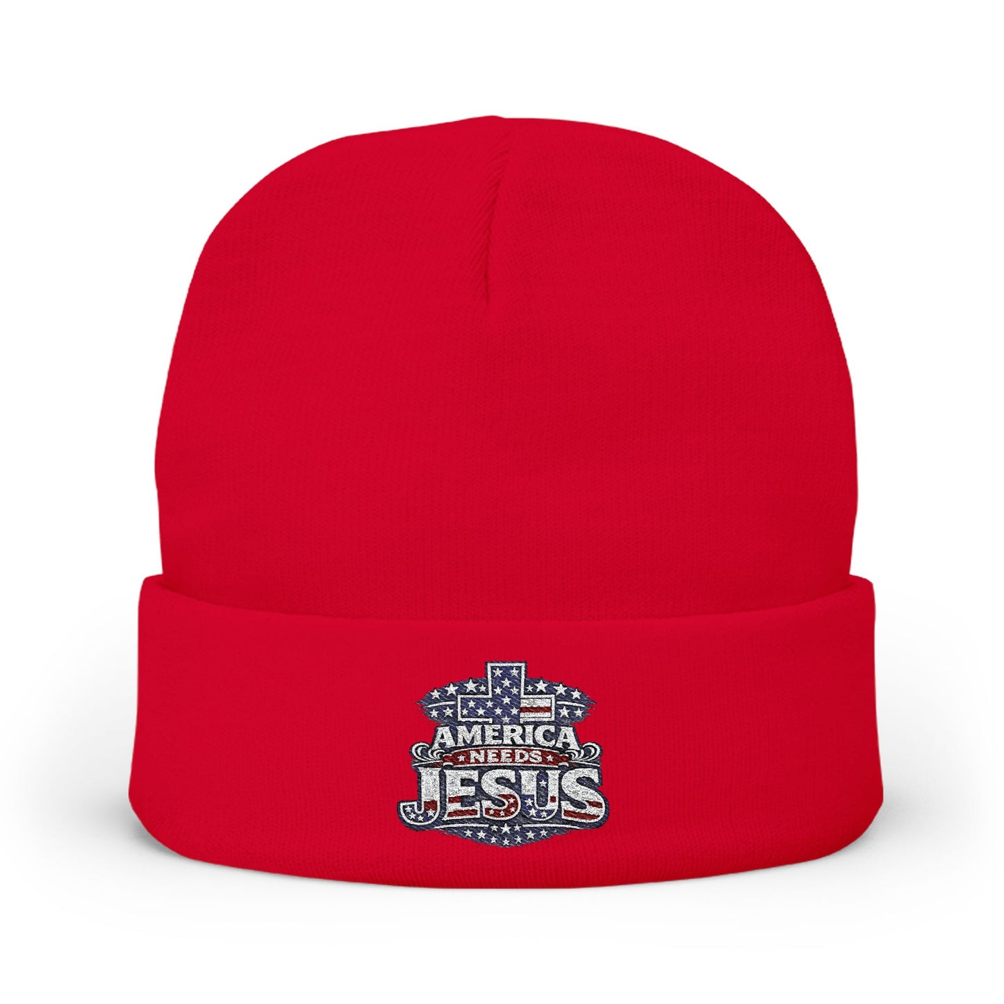 Embroidered "America Loves Jesus" Knit Beanie — Patriotic Christian Winter Hat