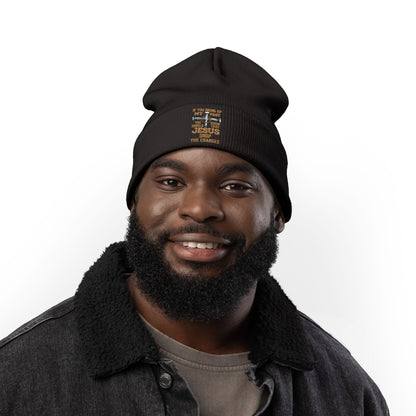 Embroidered Christian Cross Beanie — "Jesus Drop The Charges" Knit Hat