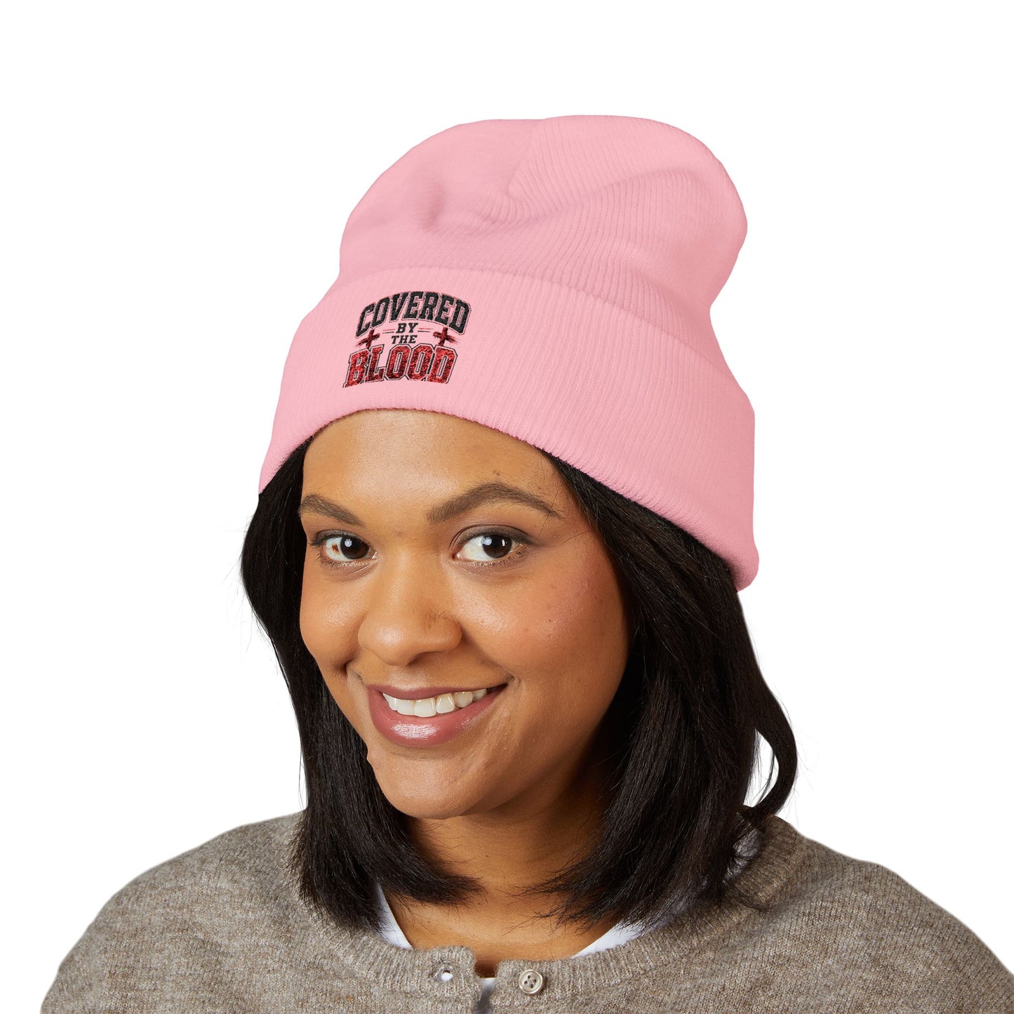 Embroidered 'Covered by the Blood' Cuffed Beanie — Christian Faith Knit Hat