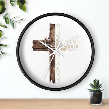 Wooden Cross Wall Clock — "For God So Loved the World He Gave His Son" Christian Home Decor