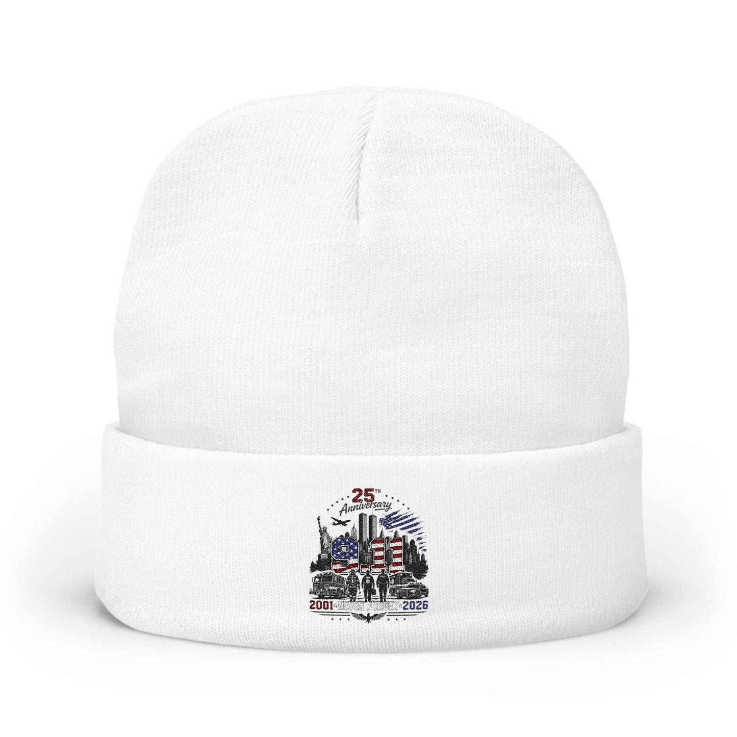 Embroidered 25th Anniversary Lighthouse Knit Beanie — Patriotic Memorial Winter Hat