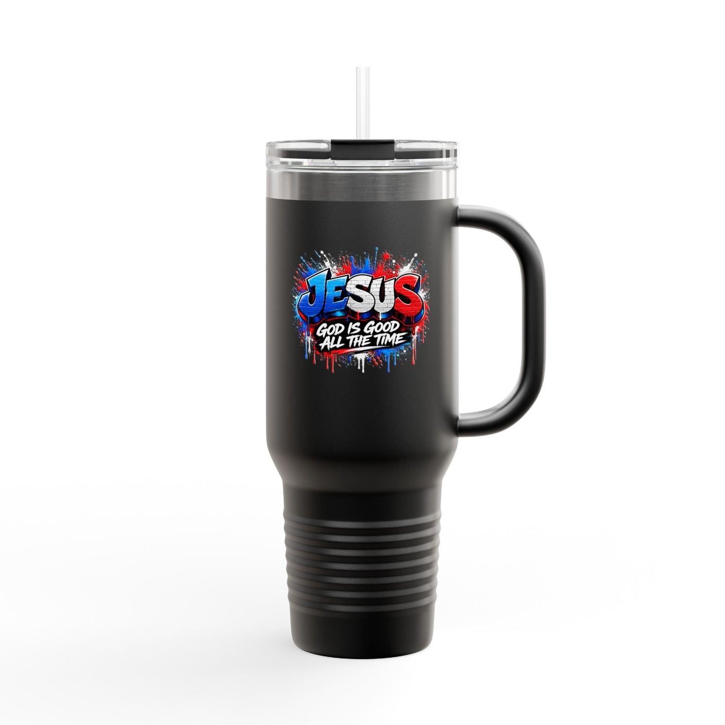 40oz Insulated Travel Mug — 'Jesus God Is Good All The Time' Colorful Faith Tumbler