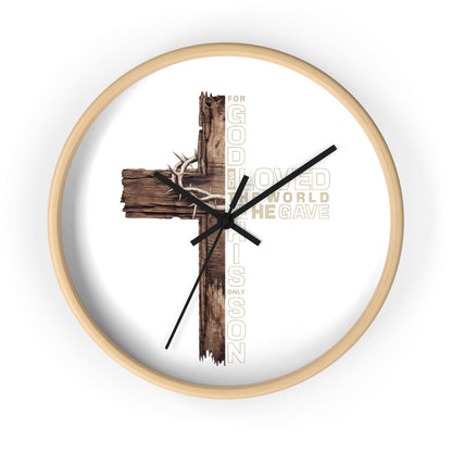 Wooden Cross Wall Clock — "For God So Loved the World He Gave His Son" Christian Home Decor