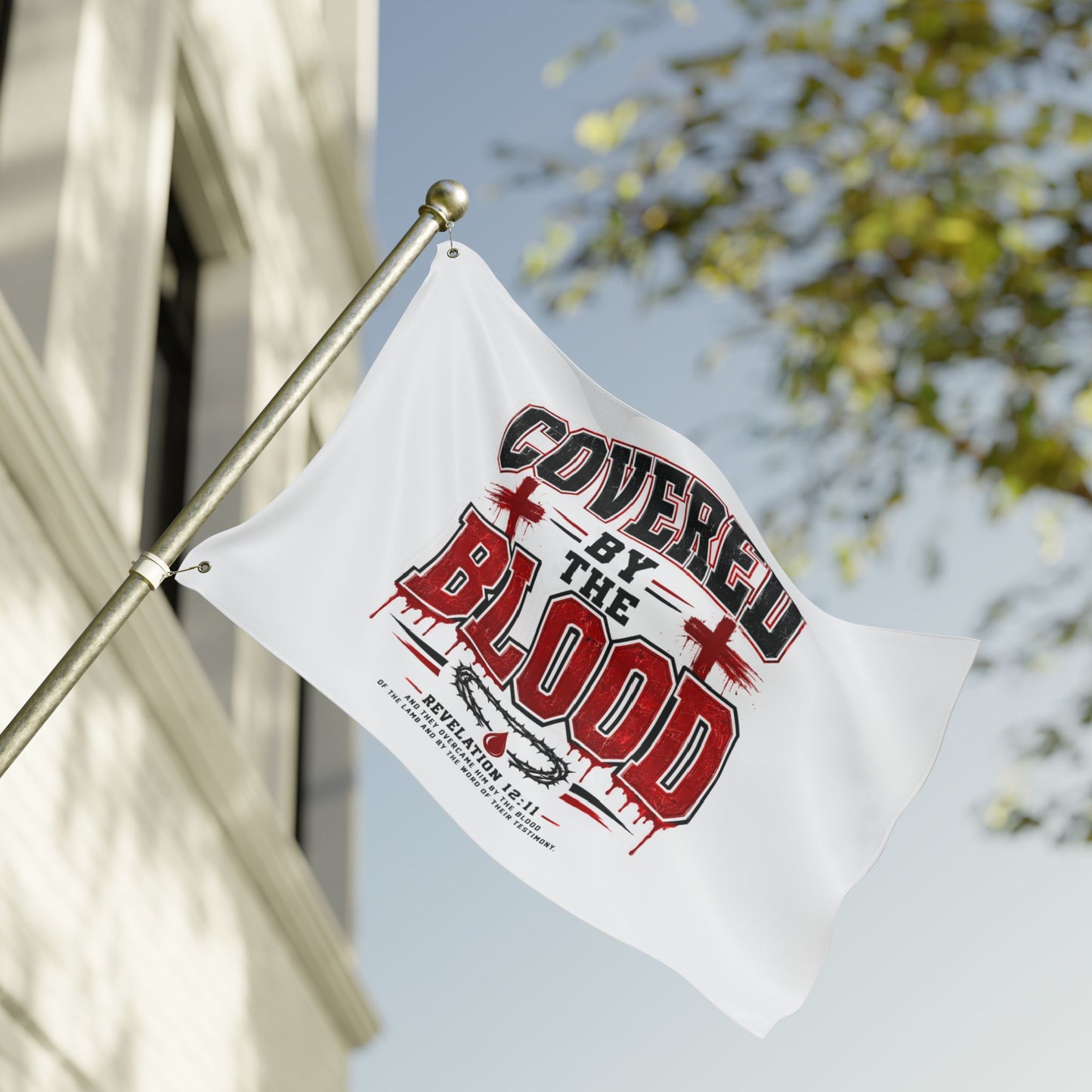 Covered by the Blood Flag - Double-Sided Christian Faith Banner (Revelation 1:5-7)