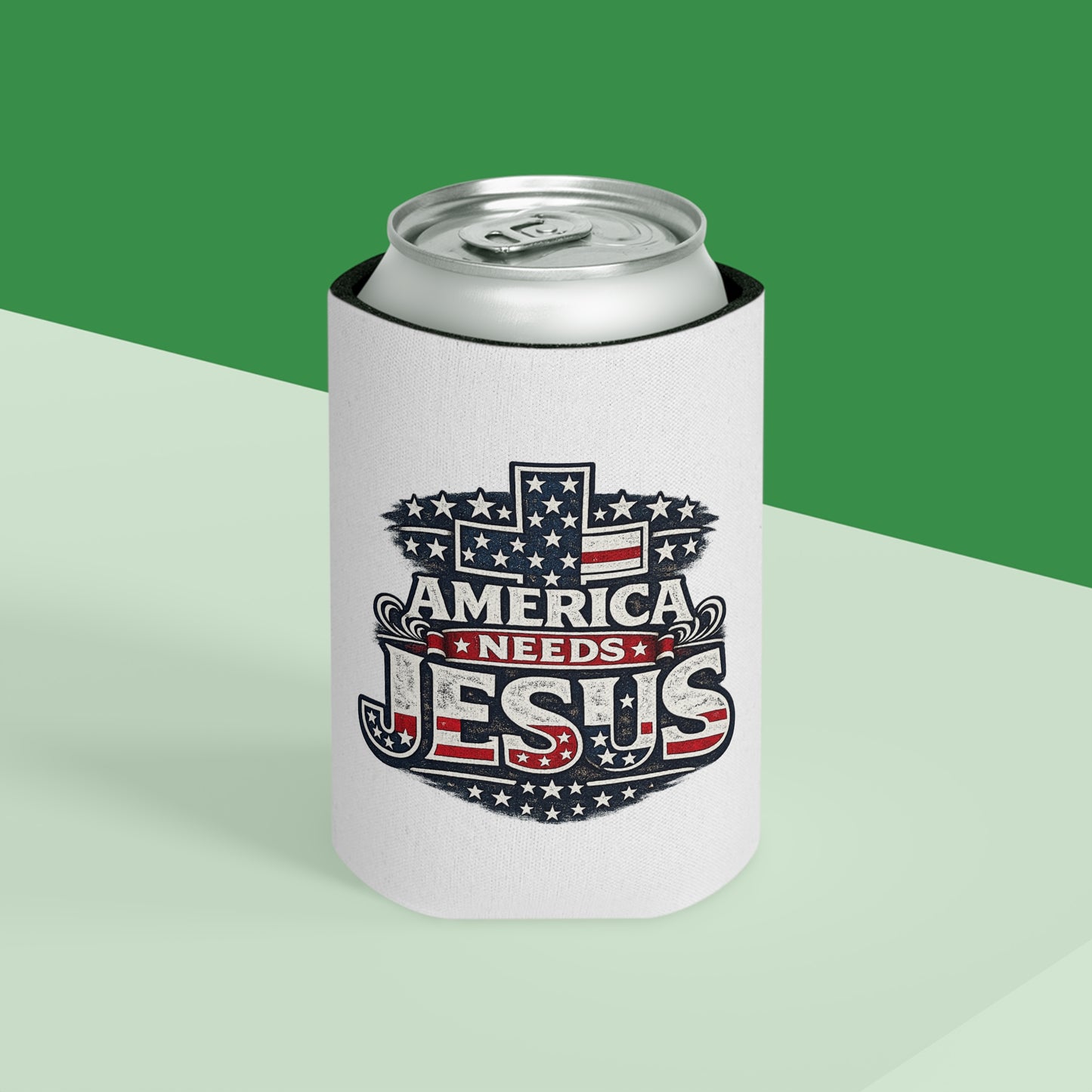 Can Cooler - "America Needs Jesus" Patriotic Cross Beverage Koozie