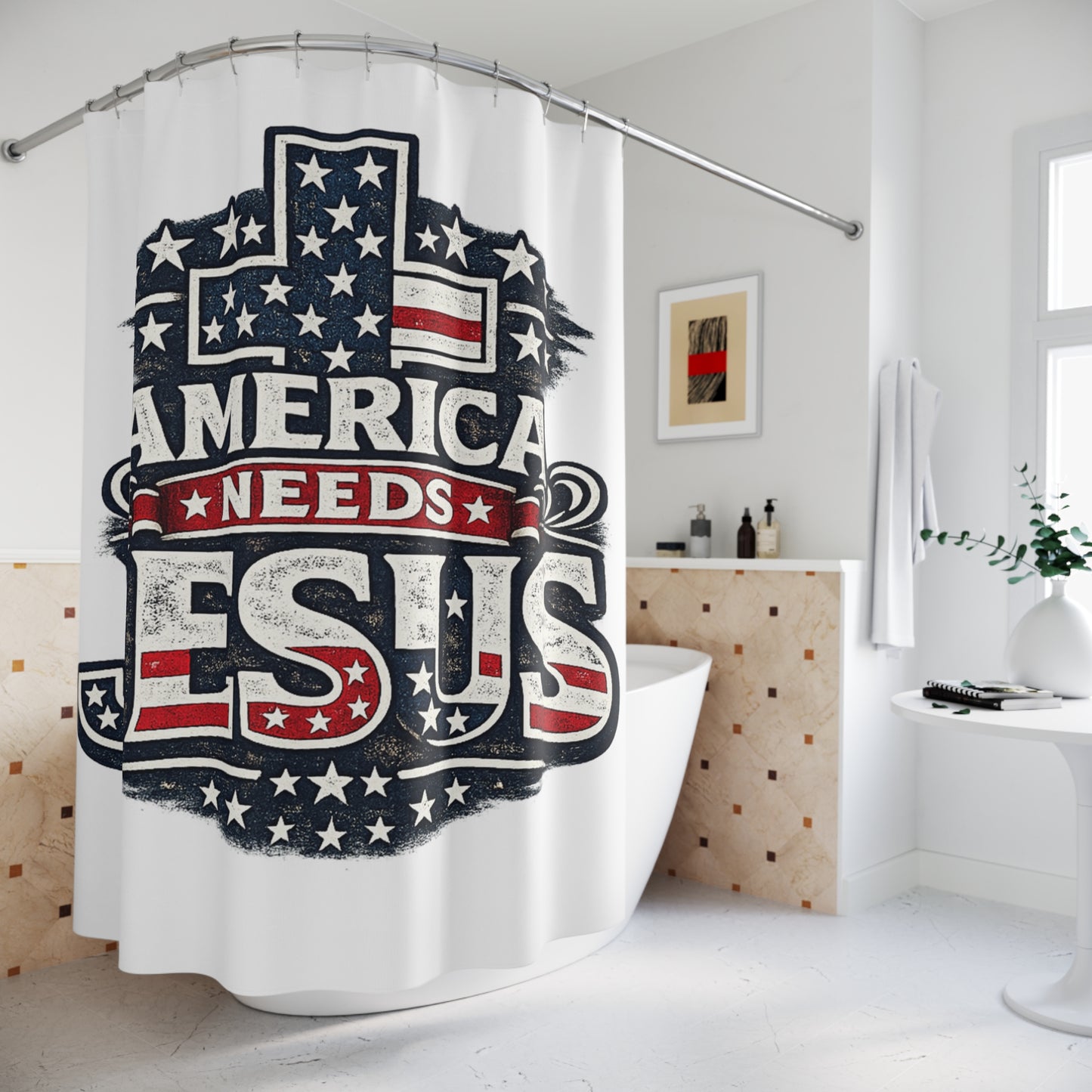 America Needs Jesus Shower Curtain – Patriotic Christian Bathroom Décor