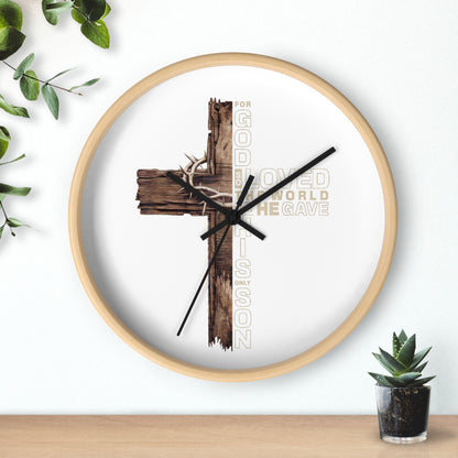 Wooden Cross Wall Clock — "For God So Loved the World He Gave His Son" Christian Home Decor