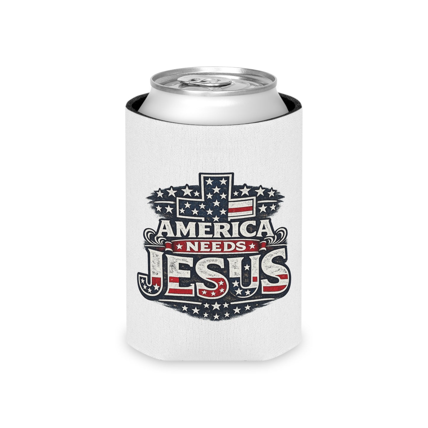Can Cooler - "America Needs Jesus" Patriotic Cross Beverage Koozie