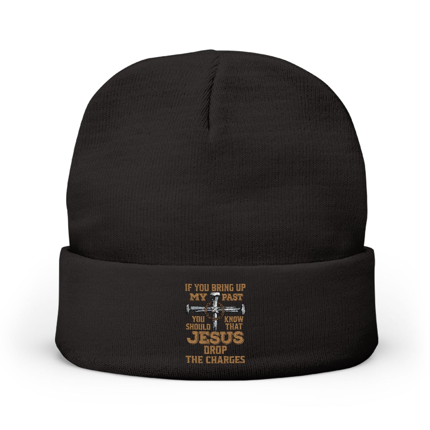 Embroidered Christian Cross Beanie — "Jesus Drop The Charges" Knit Hat