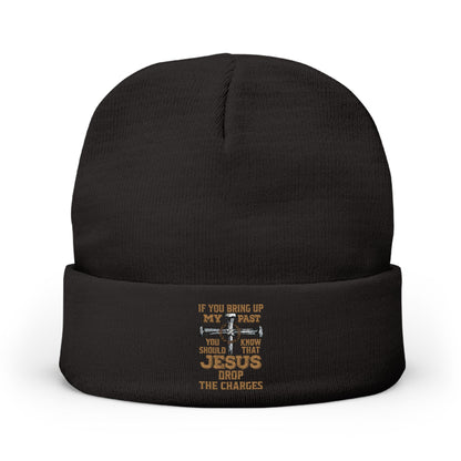 Embroidered Christian Cross Beanie — "Jesus Drop The Charges" Knit Hat