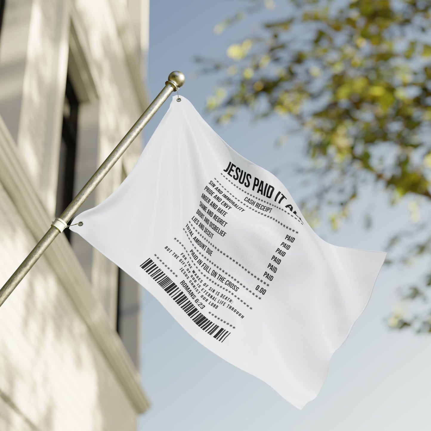 Double-Sided Flag — “Jesus Paid It All” Receipt Design (Christian Home & Church Decor)