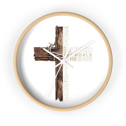 Wooden Cross Wall Clock — "For God So Loved the World He Gave His Son" Christian Home Decor