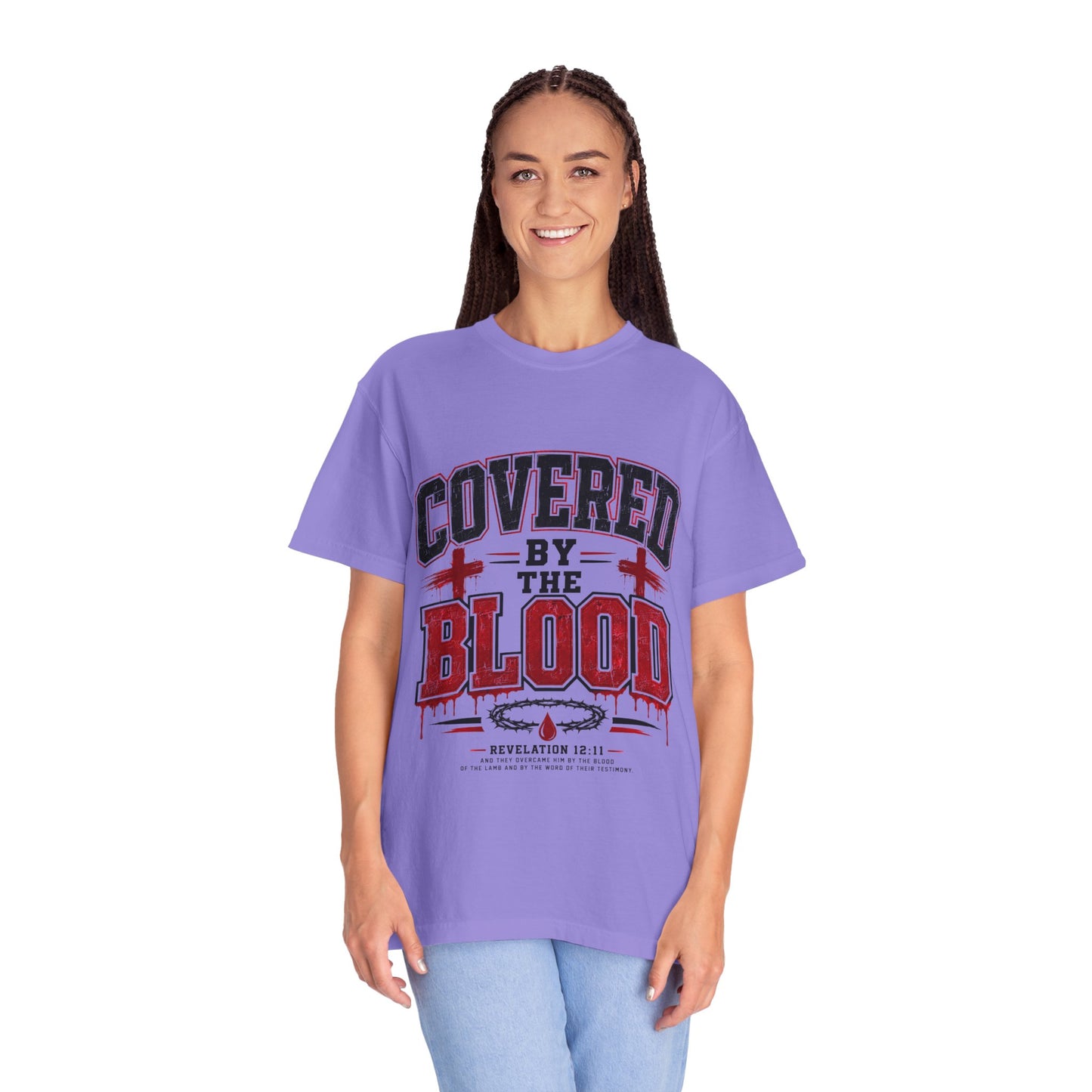 Covered by the Blood T-Shirt — Christian Faith Graphic Tee (Revelation 12:11)