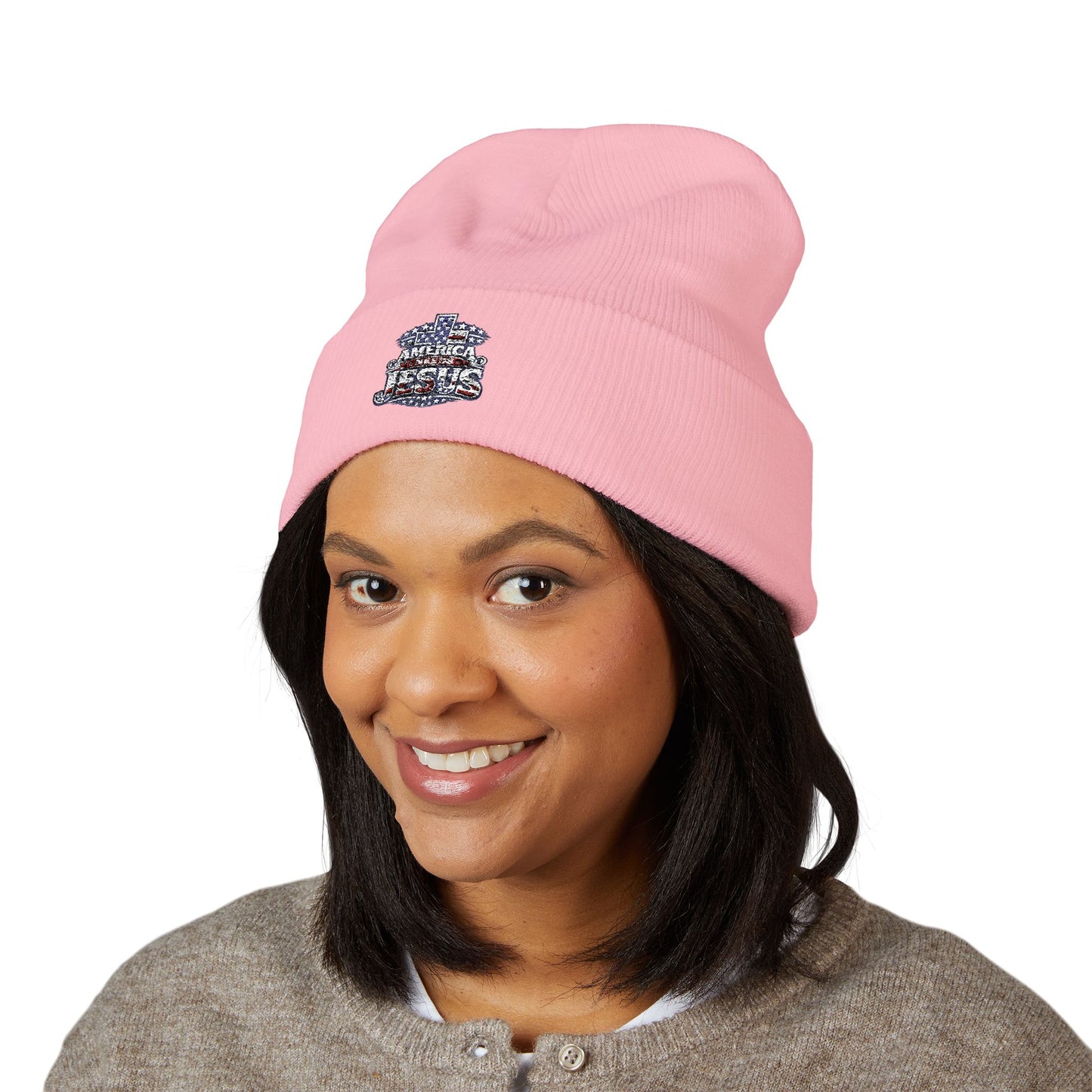 Embroidered 'Jesus' Crown Cuffed Beanie — Christian Faith Winter Hat
