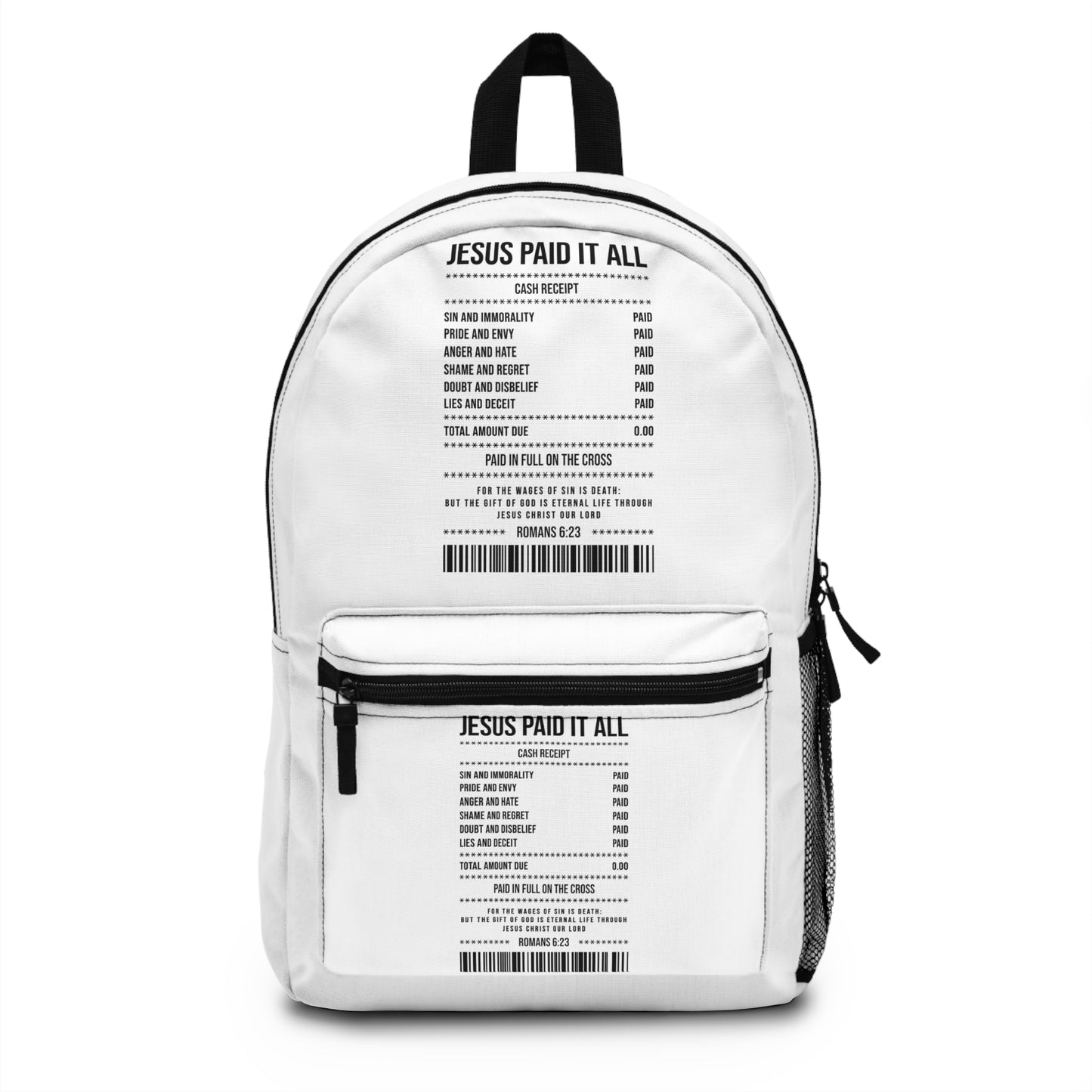 'Jesus Paid It All' Faith Backpack – Christian Scripture Receipt Design