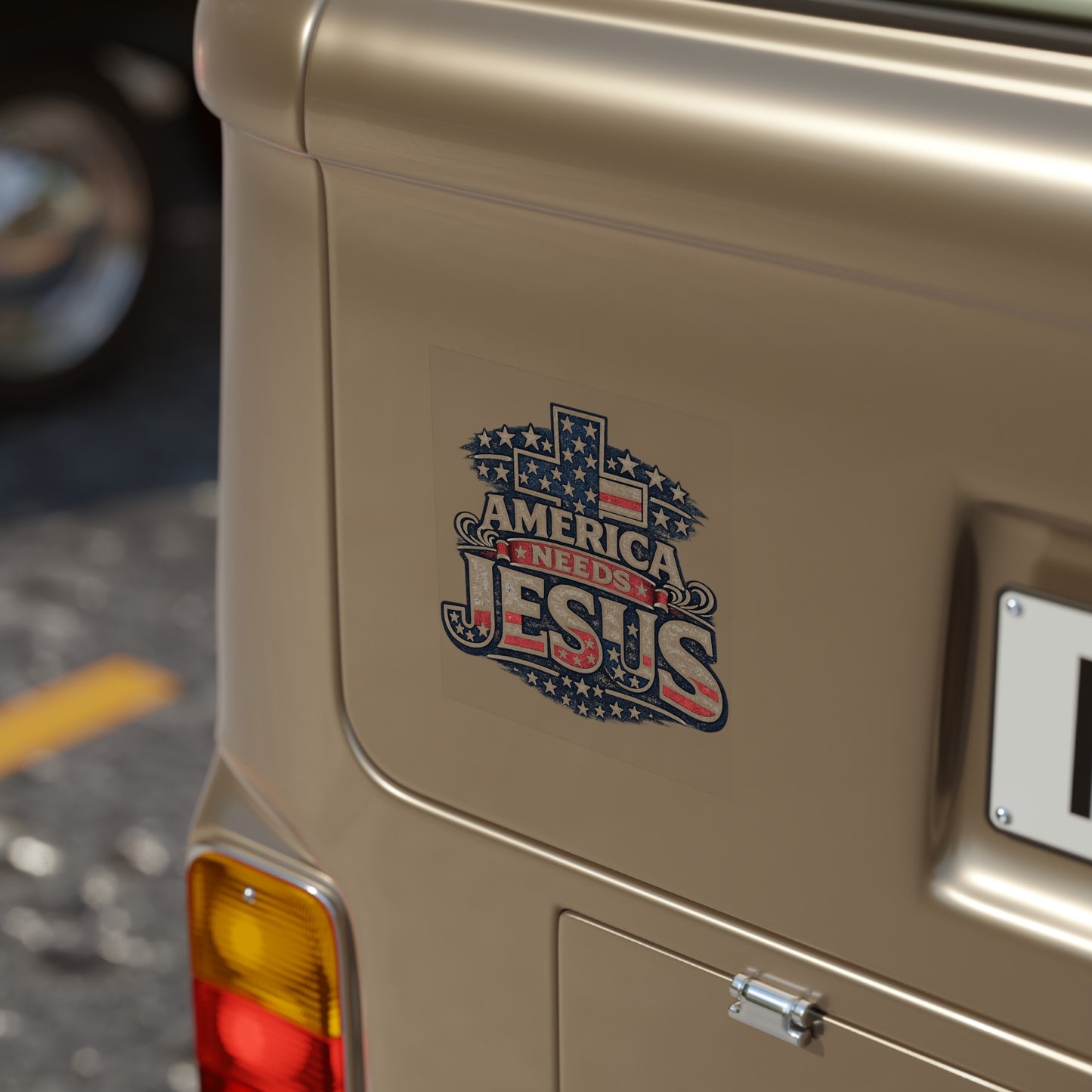 America Needs Jesus Transparent Outdoor Sticker — Patriotic Christian Square Decal