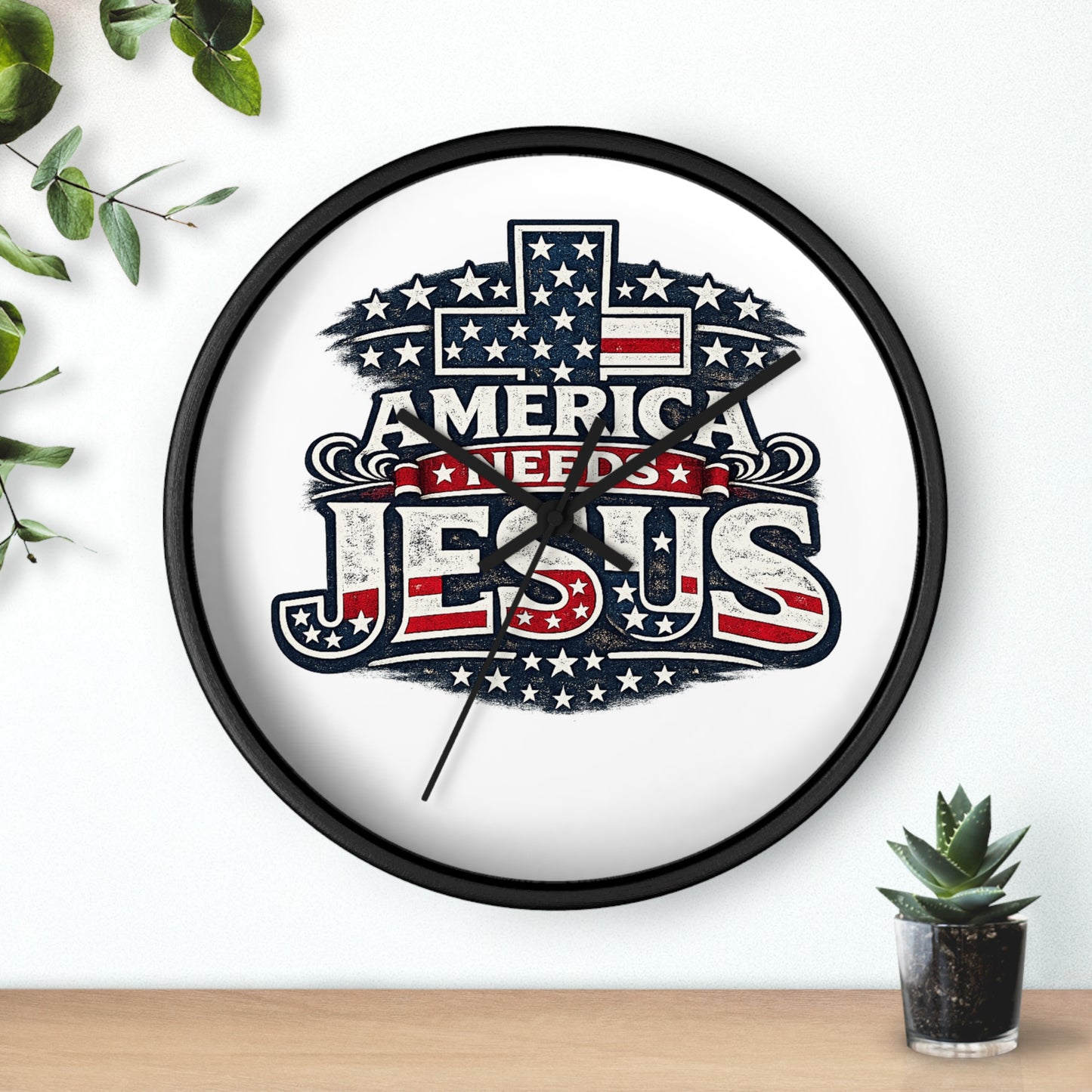 Wall Clock — "America Needs Jesus" Patriotic Cross Clock
