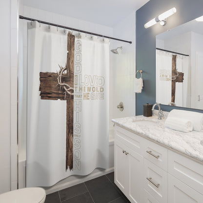 Christian Cross Shower Curtain — "For God So Loved the World He Gave His Son" Inspirational Bathroom Decor