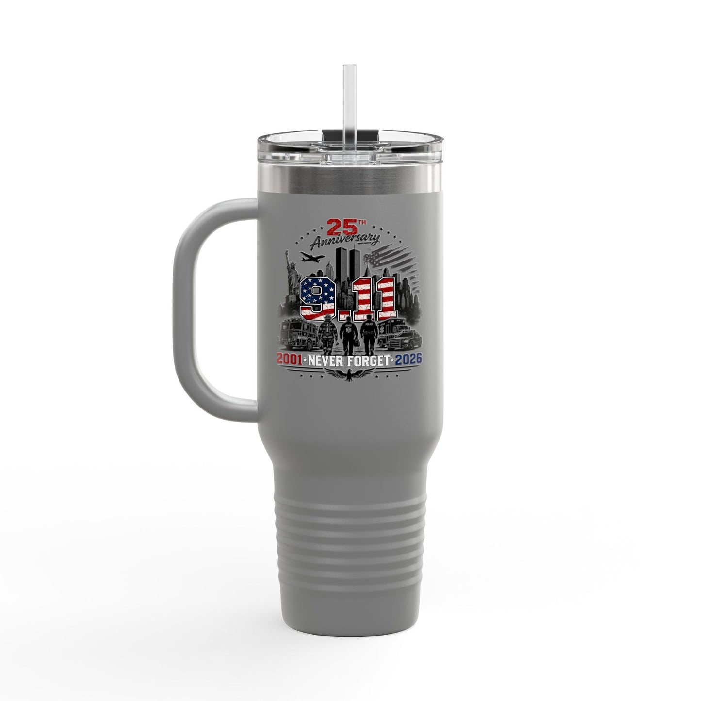 25th Anniversary 40oz Insulated Travel Mug — American Flag Memorial Design