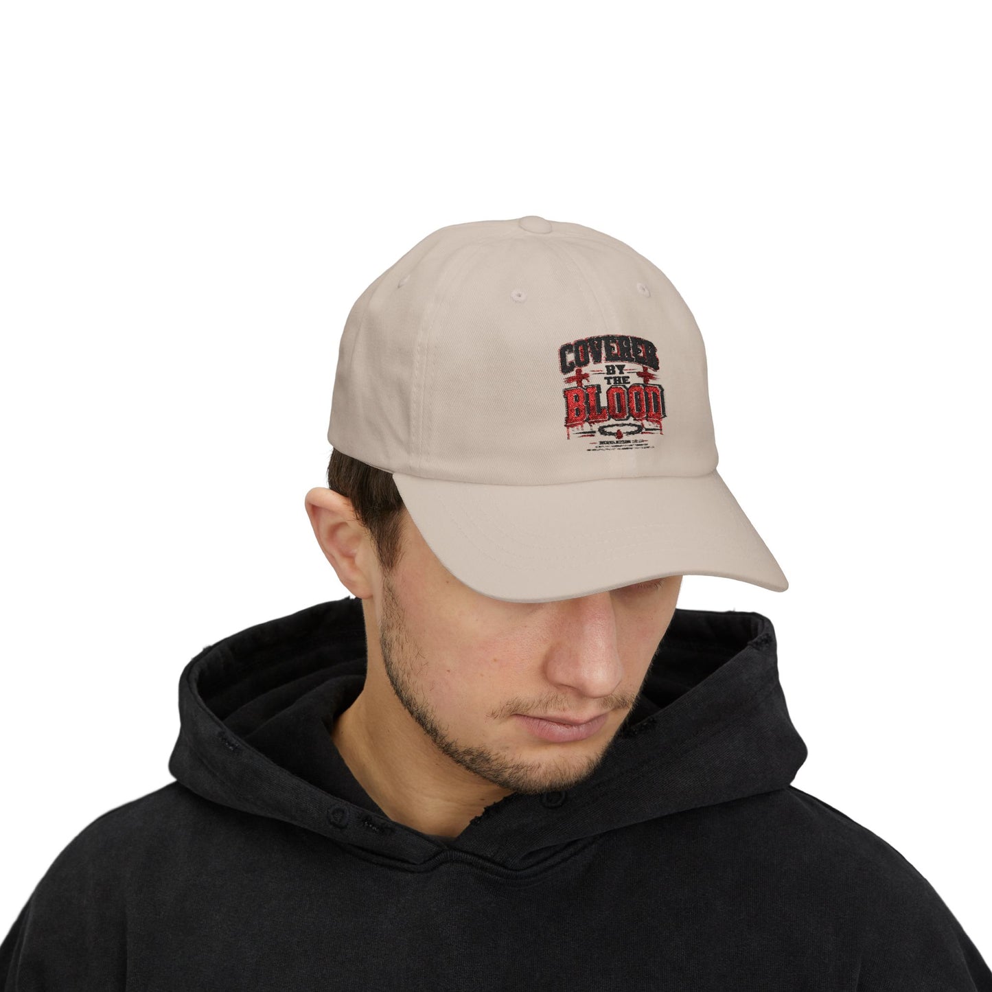 Dad Cap — "Covered by the Blood" Embroidered Christian Baseball Hat