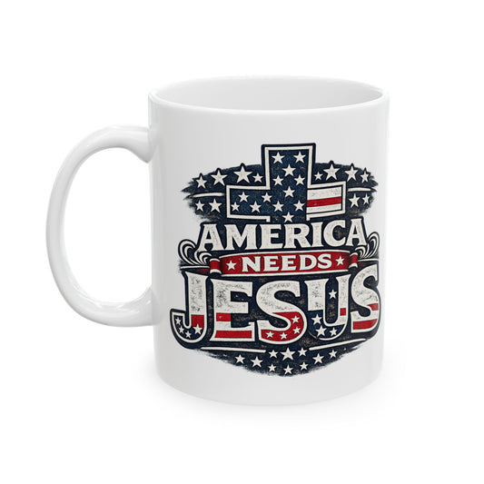 America Loves Jesus Ceramic Mug — Patriotic Christian Coffee Cup (11oz & 15oz)