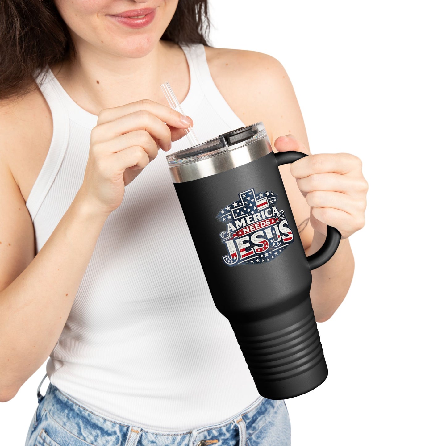 40oz Insulated Travel Mug — "America Needs Jesus" Patriotic Stainless Tumbler
